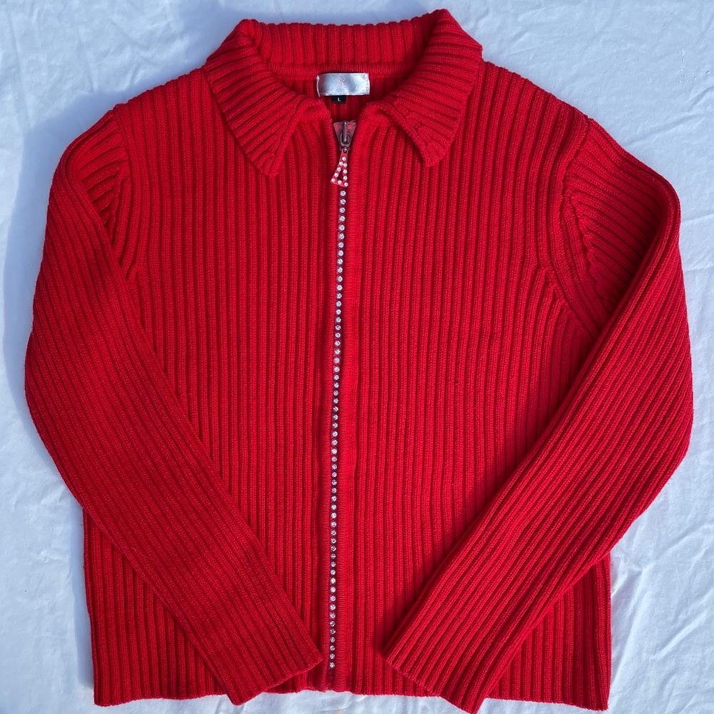 BC Black Cat Fashion Scarlet Red Heavy Rib Womens Sweater Crystal Zipper Bling